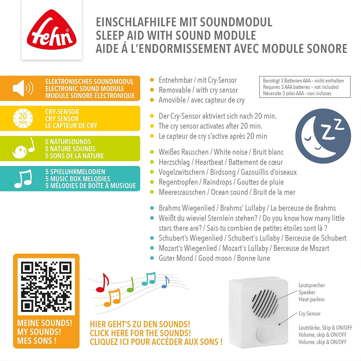 FEHN плюшена ленивка за гушкане с Cry Sensor 19cm