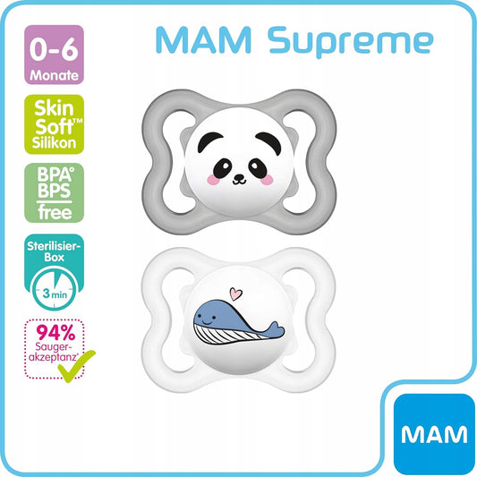 MAM SUPREME smoczek silikonowy 0-6msc x2 z motywem panda i wieloryb, 100% silikon, BPA/BPS free