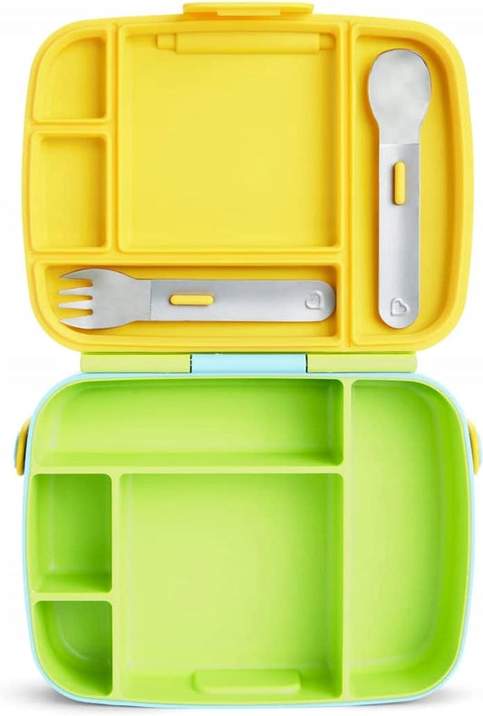 Munchkin Bento Box – otwarte zielone komory i żółta pokrywa