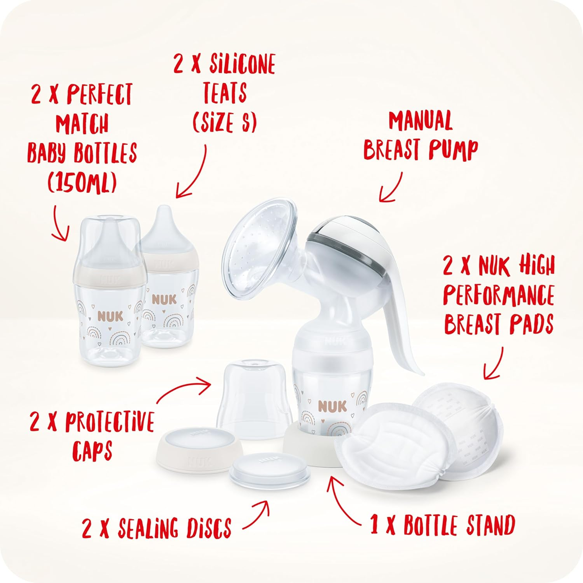 NUK manual breast pump + Perfect Match bottles 150ml x2