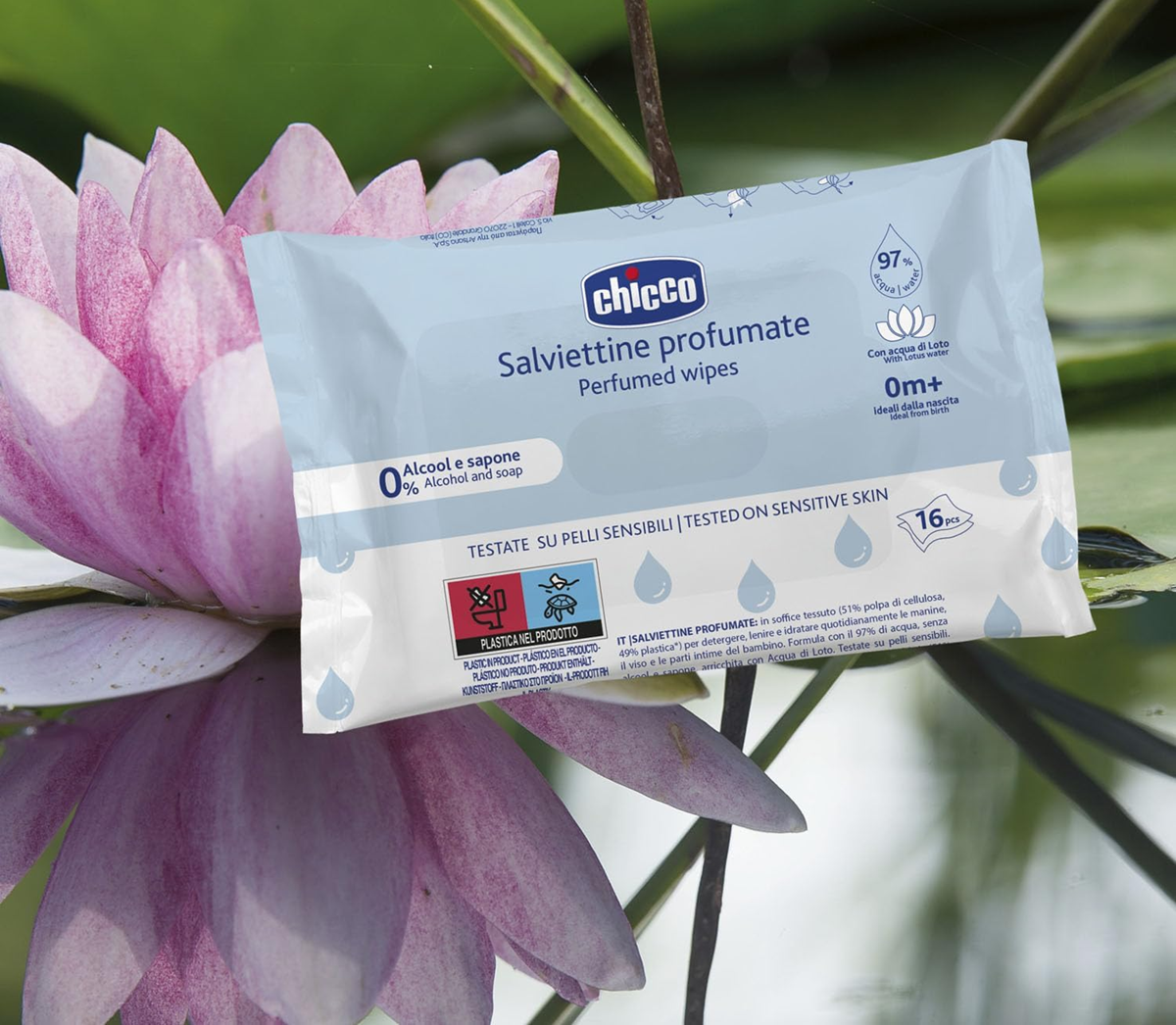 CHICCO salviettine umidificate profumate con estratto di fiore di loto x16