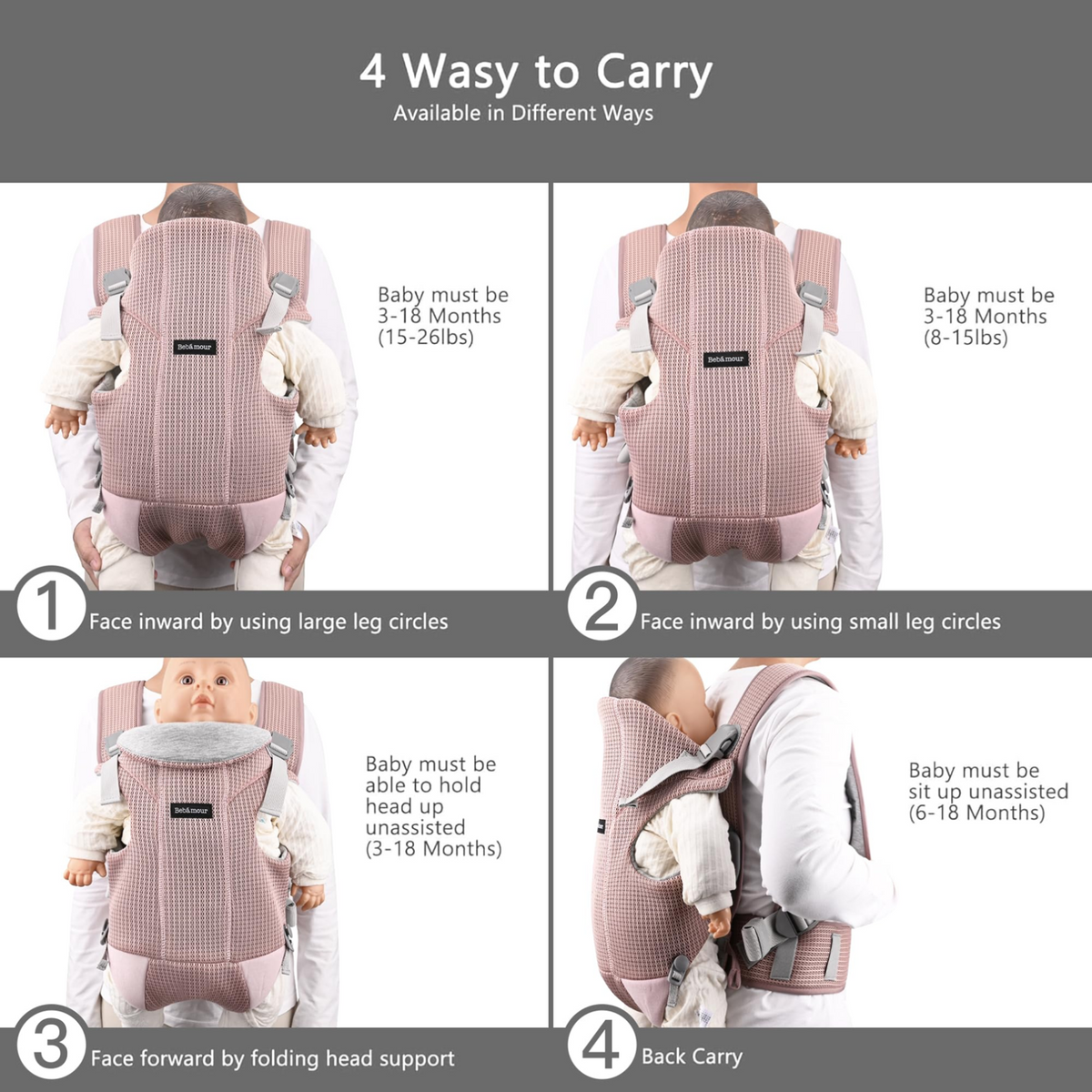 BEBAMOUR nosidełko ergonomiczne do 12kg 3w1
