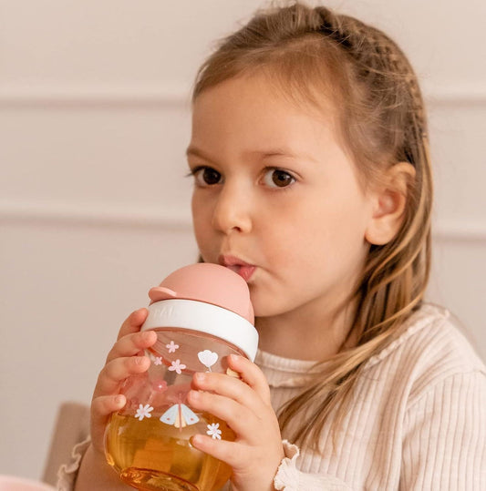 MEPAL Straw Cup kubek niekapek ze słomką 9 m+ 300 ml ŁĄKA – różowy średnica 8 cm, wysokość 15,2 cm pojemność 300 ml –…