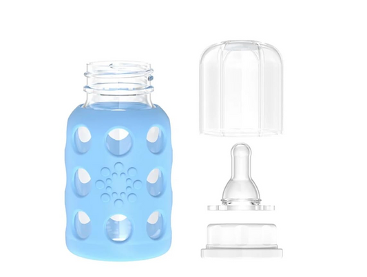 LifeFactory szklana butelka z etui 120 ml 3 m+ smoczek 1