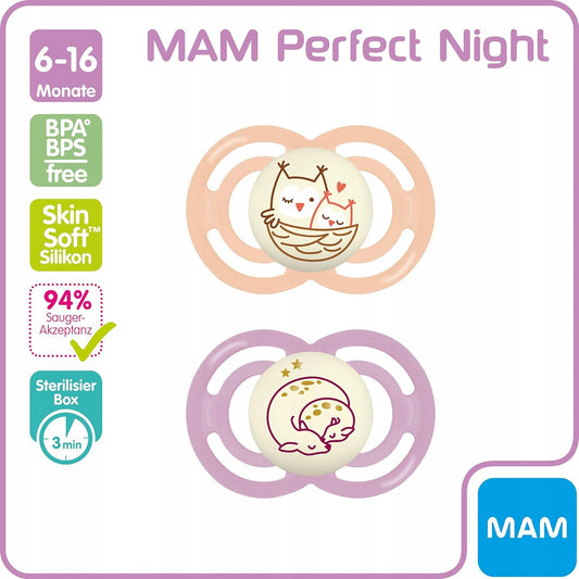 MAM Perfect Night smoczek uspokajający x2 6-18msc + box, świecący w ciemności