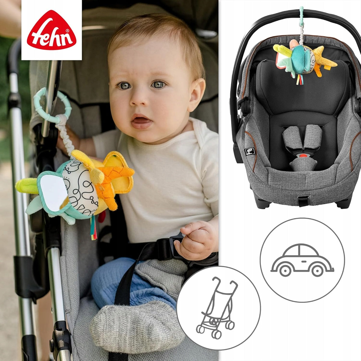 FEHN Dobabydoo barnvagns- och bilstolsleksak med pipljud och speglar, 23 cm