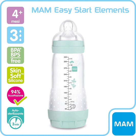 MAM Easy Start butelka antykolkowa 320ML, butelka dla niemowląt 4+ miesiące, BPA free, silikon Skin Soft, 3 min sterylizacja
