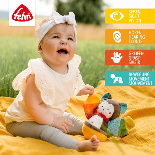 FEHN Nietoperz wańka WSTAŃKA 20cm grzechotka, kolorowa zabawka sensoryczna dla niemowląt 0+.
