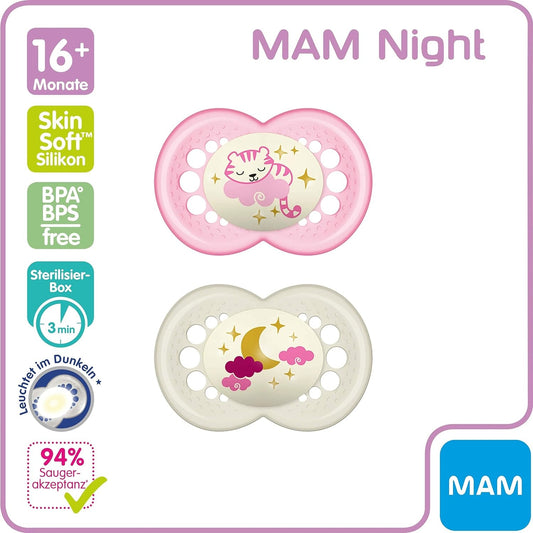 MAM ORIGINAL NIGHT smoczek uspokajający x2 16m+ świecący w ciemności, ortodontyczny, silikonowy, BPA/BPS free
