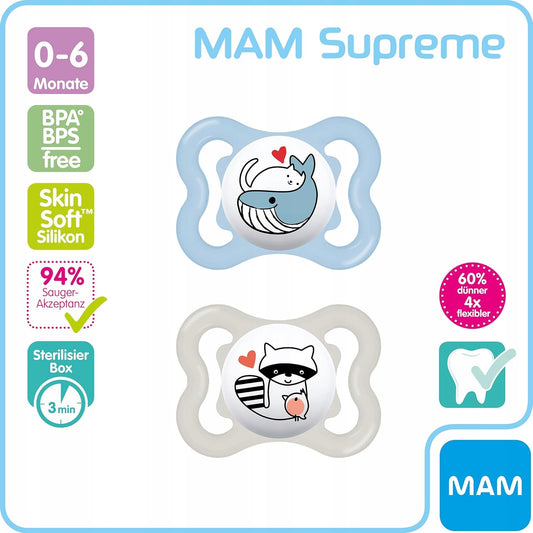 MAM SUPREME smoczek silikonowy 0-6msc x2, BPA/BPS free, SkinSoft silikon dla niemowląt