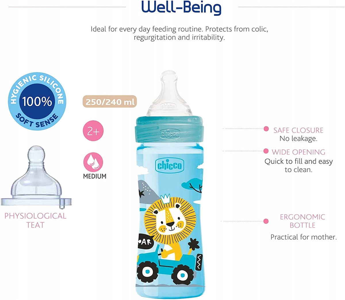 CHICCO Well-Being butelka 250ml 2m+ średni przepł