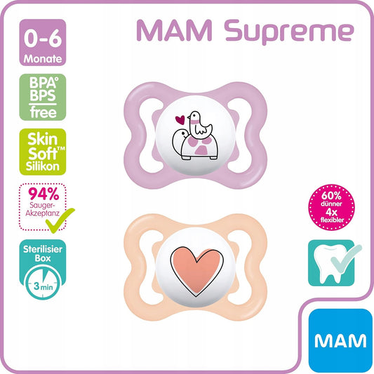 MAM SUPREME smoczek silikonowy 0-6msc x2, bez BPA i BPS, dla niemowląt, z silikonowym etui do sterylizacji
