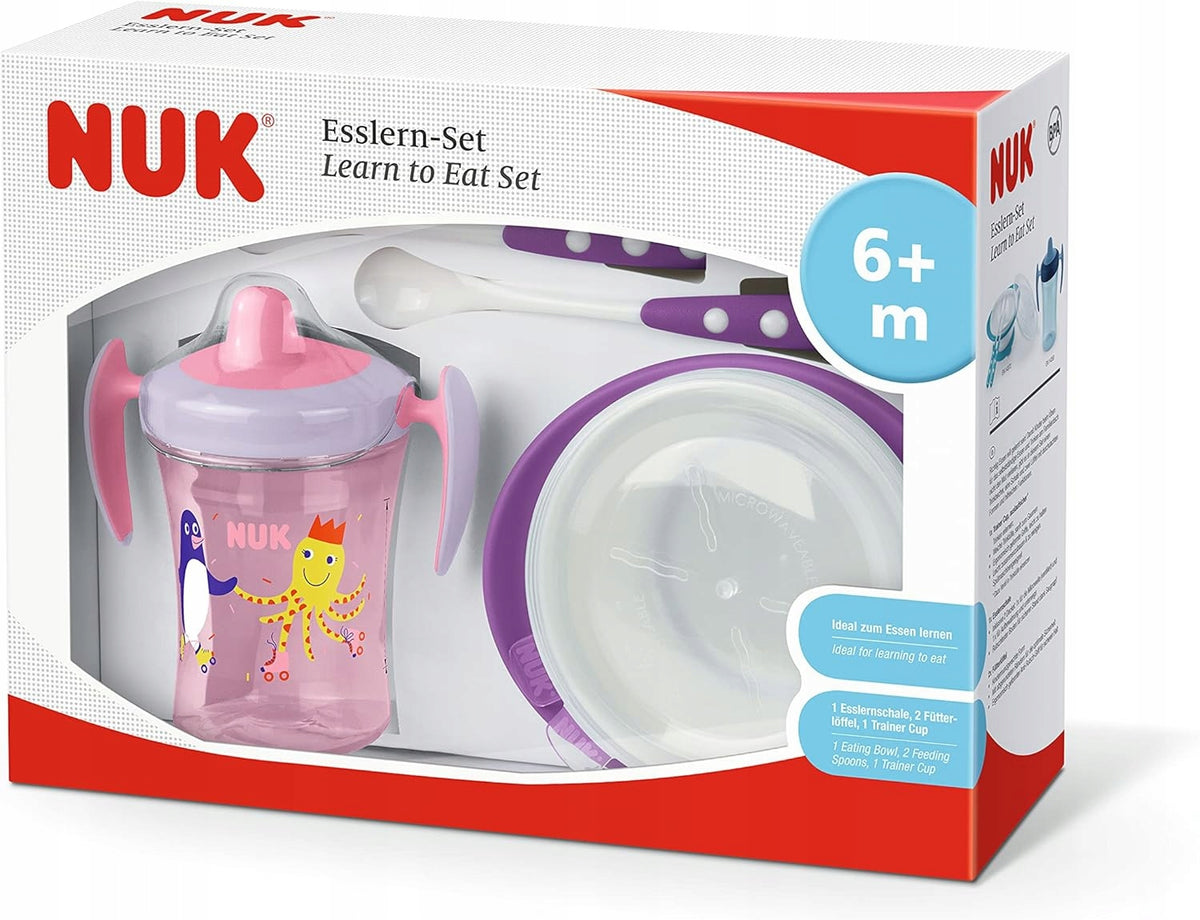 Set NUK per l’apprendimento dell’alimentazione 6m+ tazza antigoccia ciotola 2 cucchiaini