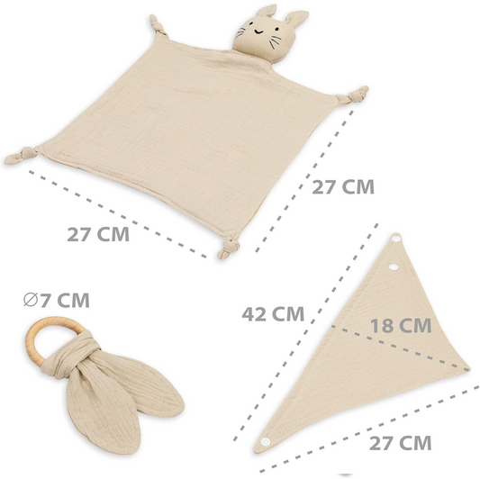 TOTSY BABY conforter muselină și bavetă, inel dentiție din lemn 27x27 cm IEPURE