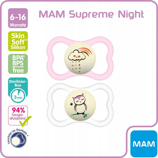 MAM SUPREME NIGHT smoczek silikonowy 6-16msc, świeci w ciemności, BPA/BPS free, 2 sztuki