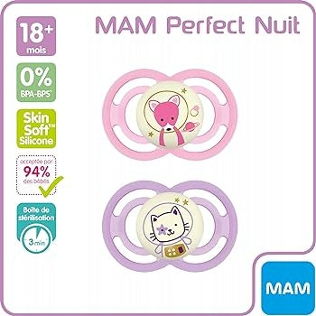 MAM Perfect Night smoczek uspokajający x2 18msc+ box, różowe i fioletowe smoczki nocne 18m+ w pudełku