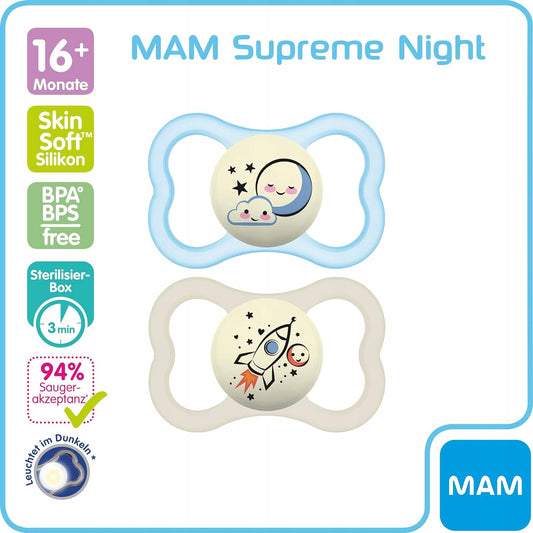 MAM SUPREME NIGHT smoczek silikonowy 16msc+ świecący w ciemności, BPA/BPS free, 2 sztuki