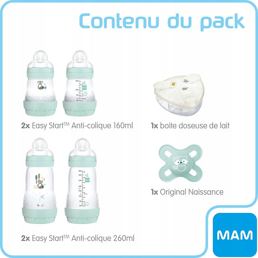 MAM Easy Start zestaw startowy 6elementów: 2 butelki 160 ml, 2 butelki 260 ml, smoczek i pojemnik na mleko.