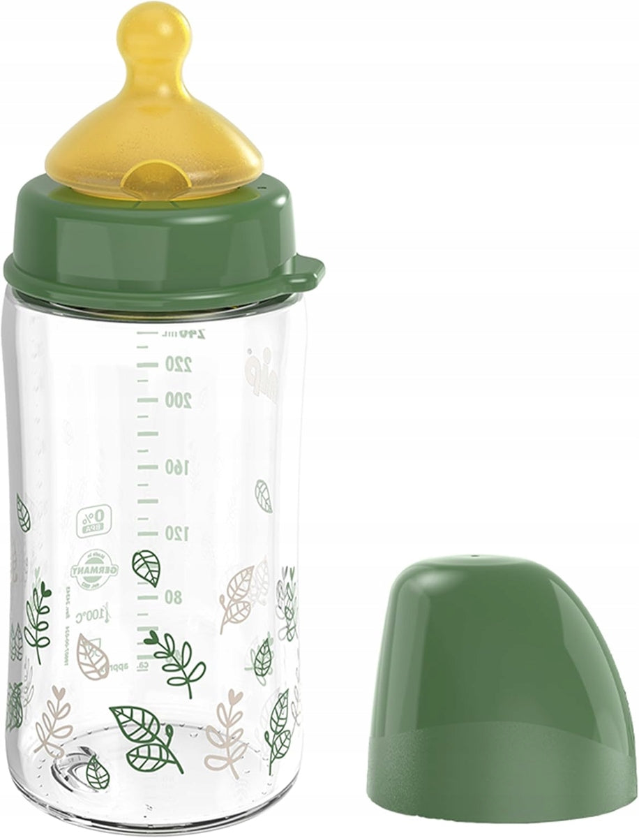 NIP Cherry Green glasflaske med latex-sut, størrelse M, 240 ml