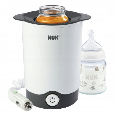 NUK Thermo Express Plus podgrzewacz do butelek biało-czarny z butelką i adapterem samochodowym