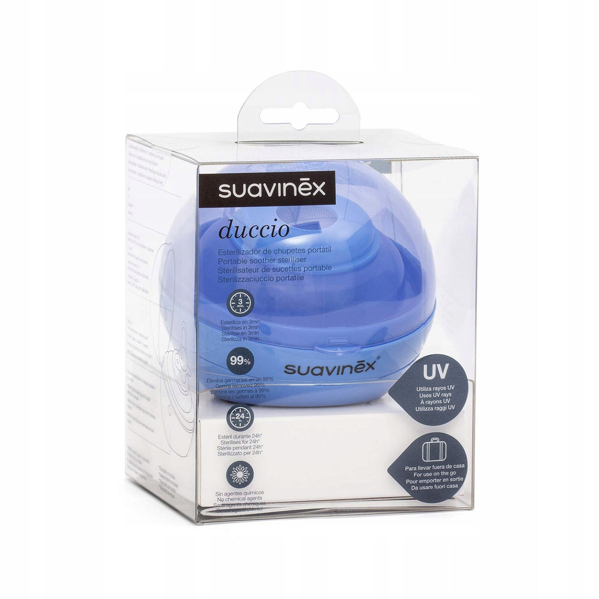 SUAVINEX Duccio STERYLIZATOR smoczków UV 9 cm, niebieski, przenośny sterylizator do smoczków
