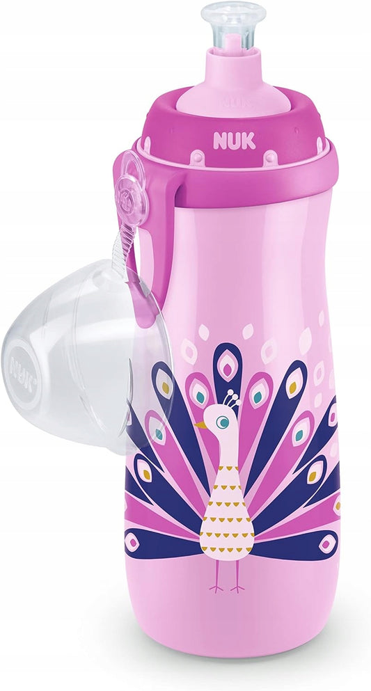NUK Sports Cup BUTELKA 24 m+ ustnik push-pull 450 ml EFEKT KAMELEONA różowa z motywem pawia