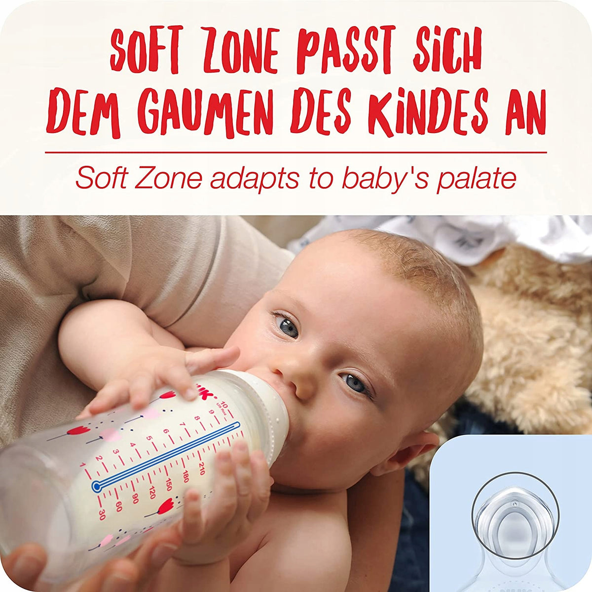 NUK First Choice Plus No Colic – katalogowe zdjęcie karmienia dziecka