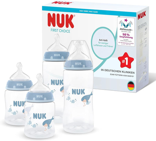 NUK First Choice zestaw 4x butelka 150/300 ml smoczki S/M 0-3m+ WIELORYB, zestaw z motywem wieloryba