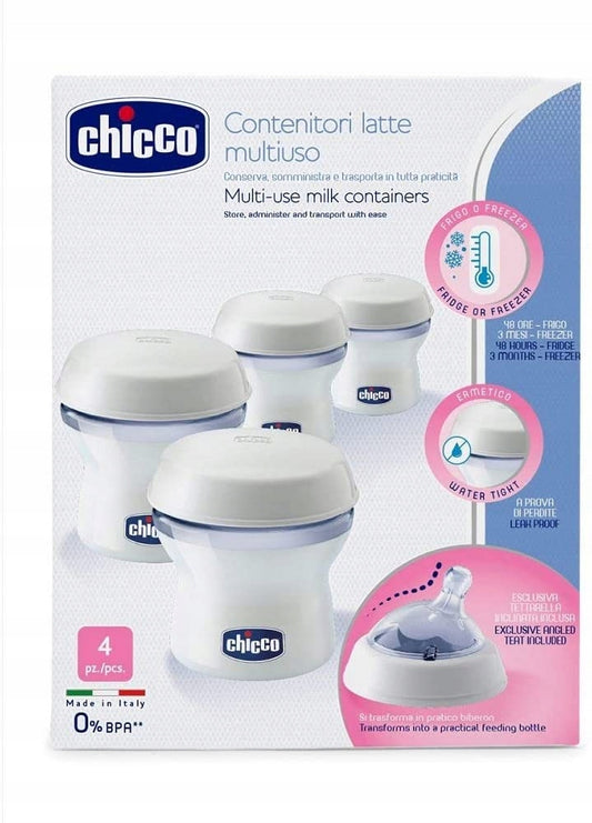 CHICCO recipientes para leche 4 x 150 ml + tetina con tapa