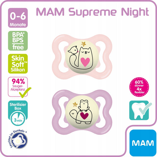 MAM SUPREME NUIT smoczek silikonowy 2-6 msc. dwupak bez BPA i BPS, delikatny dla skóry dziecka