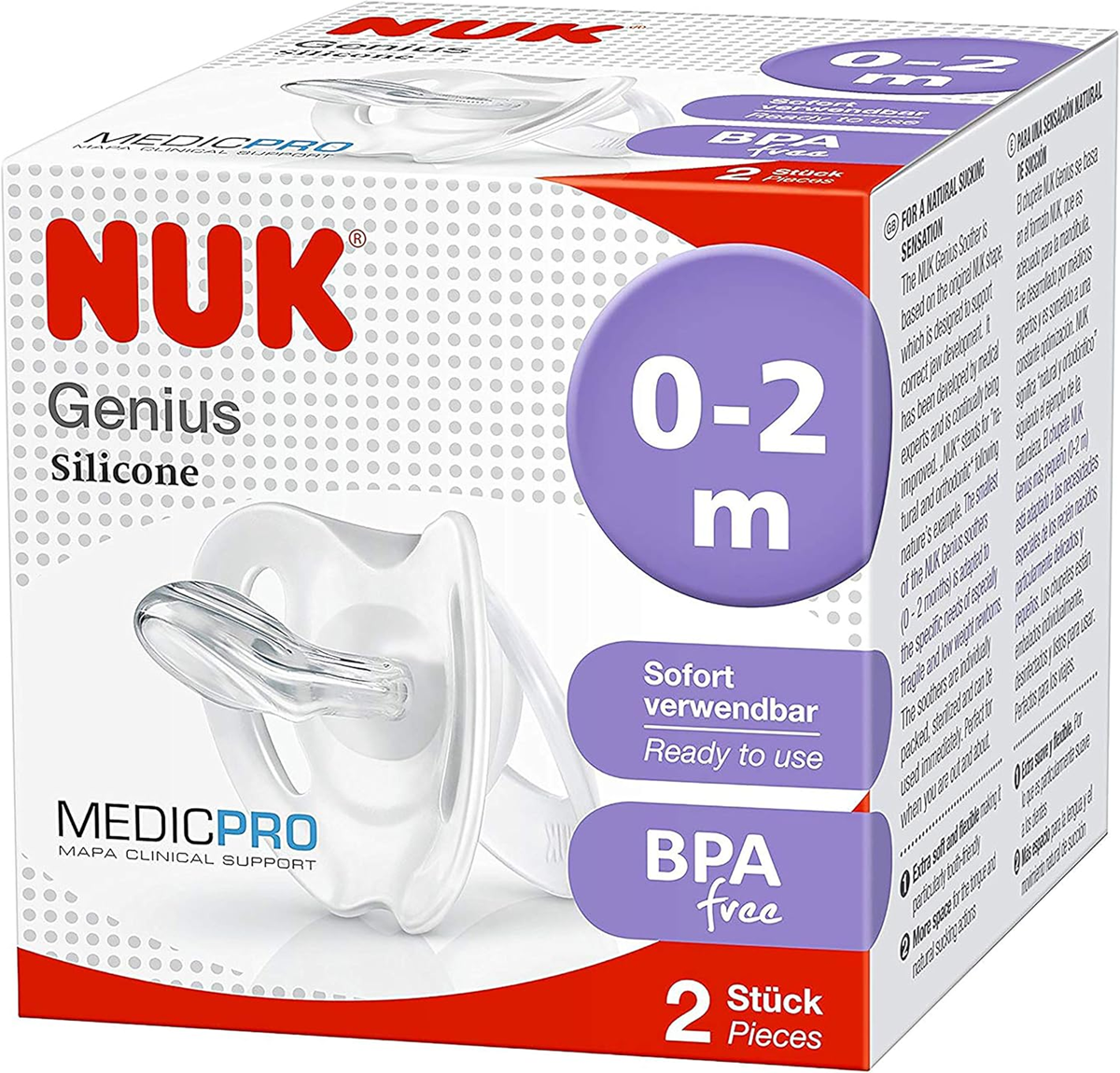 NUK Genius Medic Prosoother x2age 0-2 monthssiliconeBPA and BPS freeNew condition