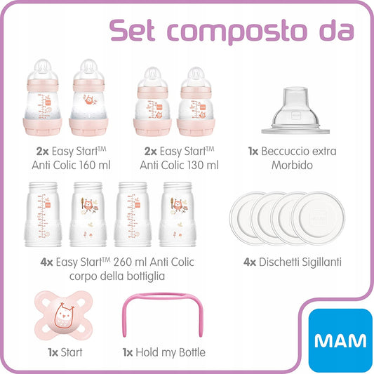 MAM zestaw startowy Easy Start Anti-Colic XXL 11el. z butelkami, smoczkiem i uchwytem różowym