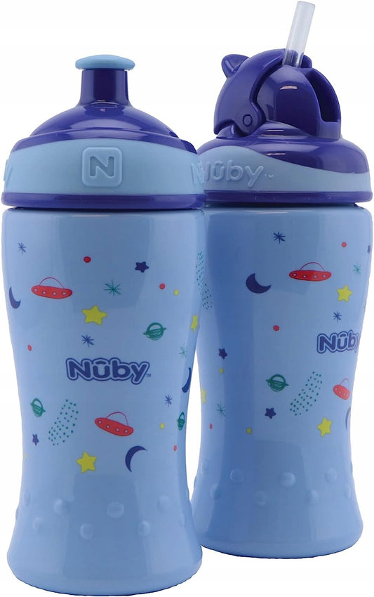 NUBY bidon x2 12m+ 18m+ 360ml niebieski zestaw 2 butelek dla niemowląt z bidonem flip-it i pop-up cup