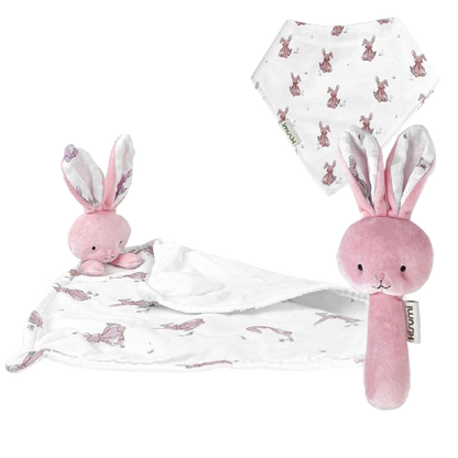 KISUMI comforter, bib, rattle with bunny motif