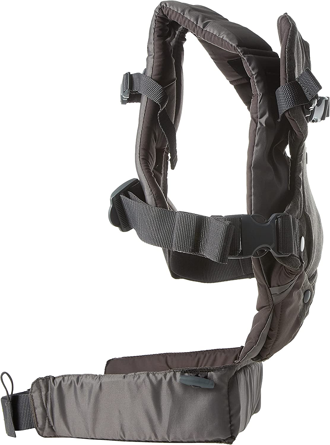 Nosidełko Infantino Flip, widok z boku na szelki, klamrę i pas biodrowy.