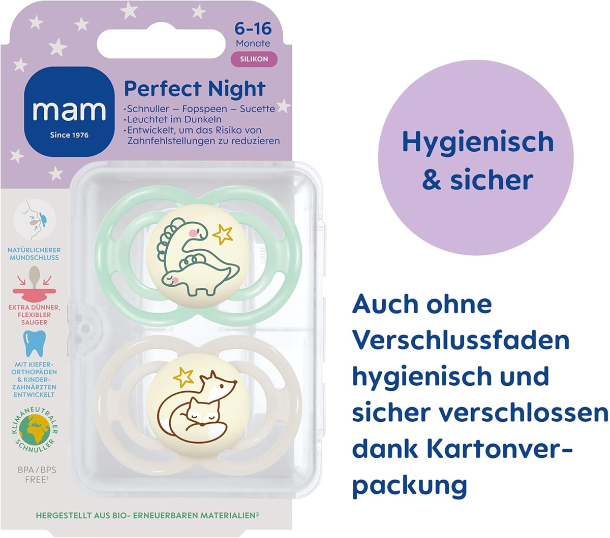 MAM Perfect Night succhietto calmante x2 6-16 mesi + box SI ILLUMINA AL BUIO