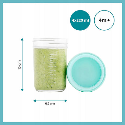 BABYMOOV Babybols pojemniki SZKLANE 4x220ml, szklany pojemnik 220 ml z miarką i pokrywką, 4m+