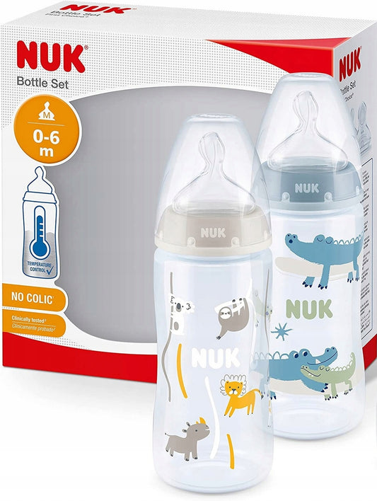NUK No Colic zestaw butelek 2x 300 ml 0-6 miesięcy, antykolkowe butelki z silikonowym smoczkiem