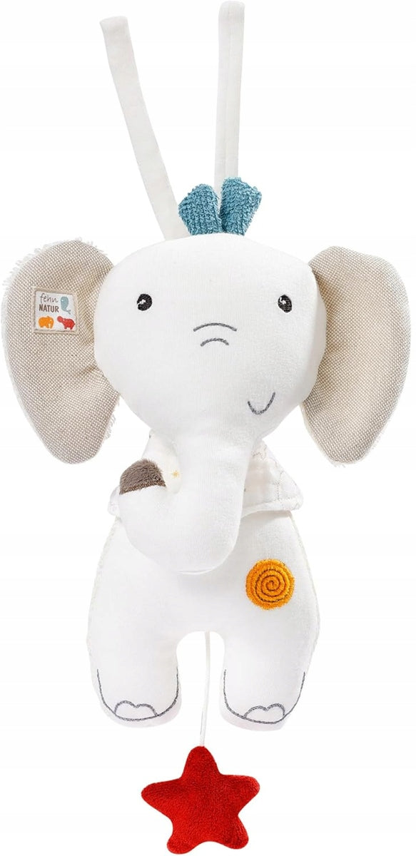 FEHN katoenen hanger met muziekdoosje voor ledikant, kinderwagen OLIFANT 20 cm