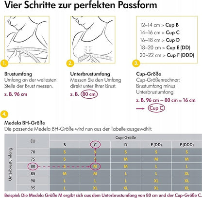 Medela 3w1 biustonosz do karmienia i odciągania XL, tabela doboru rozmiaru z instrukcją pomiaru i dopasowania