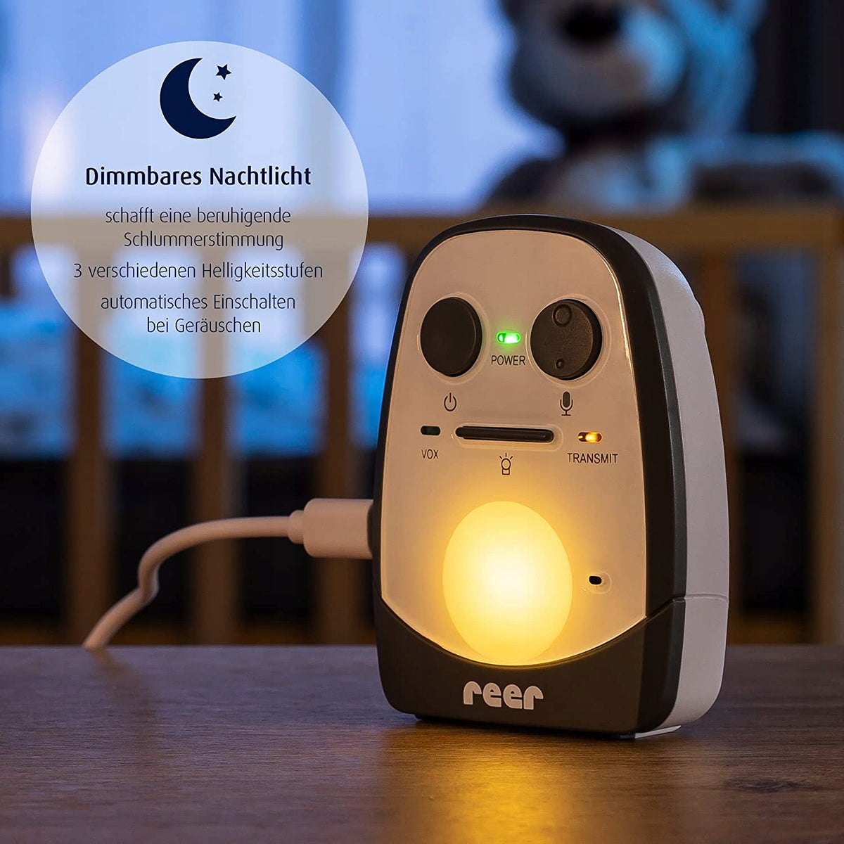 REER Cosmo niania elektroniczna cyfrowa 600m z lampką nocną i trybem VOX, biało-szara