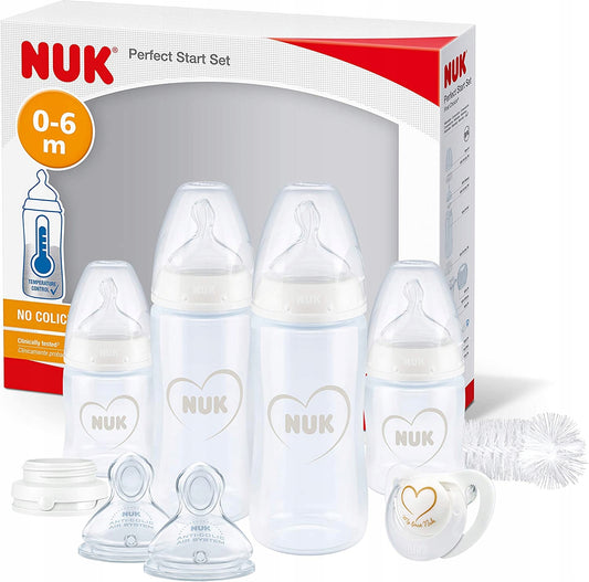 NUK zestaw Perfect Start 0-18 kontrola temperatury, butelki, smoczki i akcesoria dla niemowląt