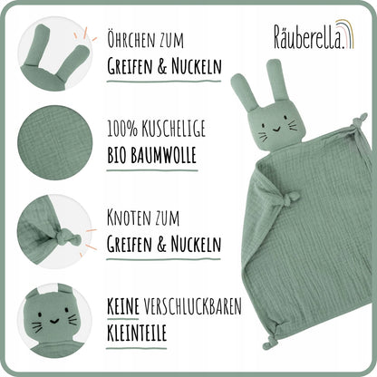 NUDU BABY zestaw muślina KOMFORTER gryzak, zielony, 100% bio bawełna, bezpieczny dla niemowląt