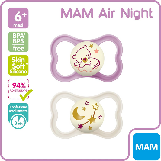 MAM AIR NIGHT smoczek uspokajający x2 6-16m świecący w ciemności, silikonowy, BPA i BPS free
