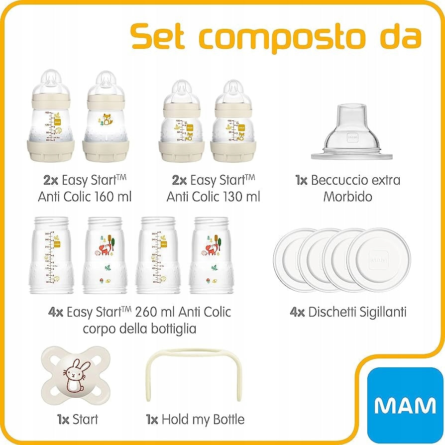 MAM zestaw startowy Easy Start Anti-Colic XXL 11el. zestaw butelek 160 ml, 130 ml, smoczek i uchwyt beżowy