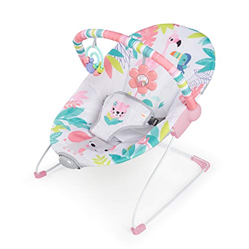 BRIGHT STARTS Flamingo Vibes leżaczek z wibracjami – pastelowy leżaczek z pałąkiem i 2 zabawkami