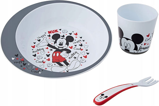 NUK Disney zestaw naczyń 3el. MYSZKA MICKEY talerz, kubek i widelec do nauki jedzenia dla dzieci 9m+