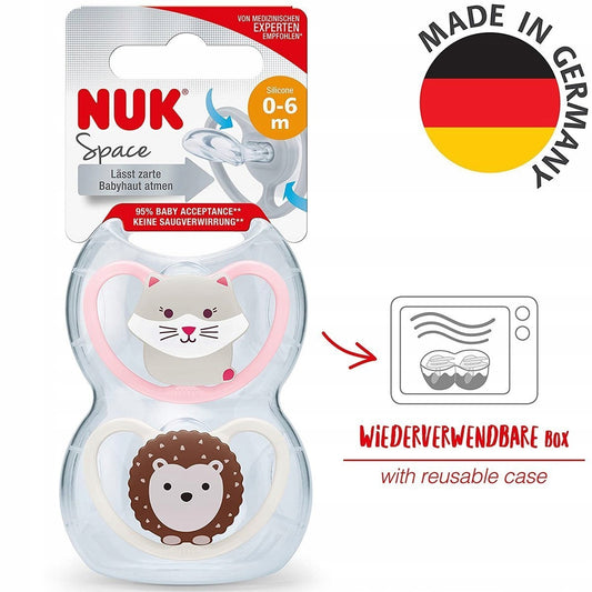 NUK Space smoczek uspokajający silikon x2 0-6msc +box, zestaw z etui do sterylizacji