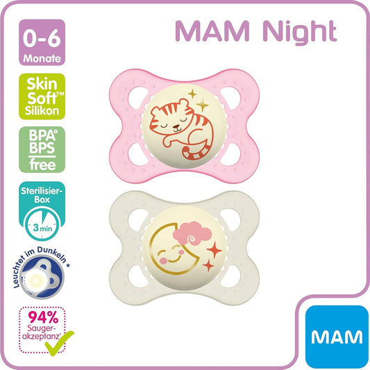 MAM ORIGINAL NIGHT smoczek uspokajający x2 0-6msc, świecący w ciemności, silikonowy, BPA/BPS free