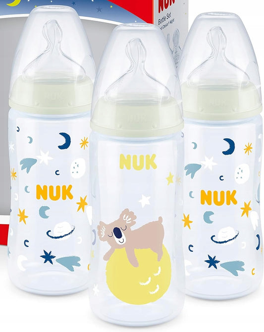 NUK First Choice+ Night 3 dbos világító cumisüveg szett 300 ml 6–18 hónap cumi M